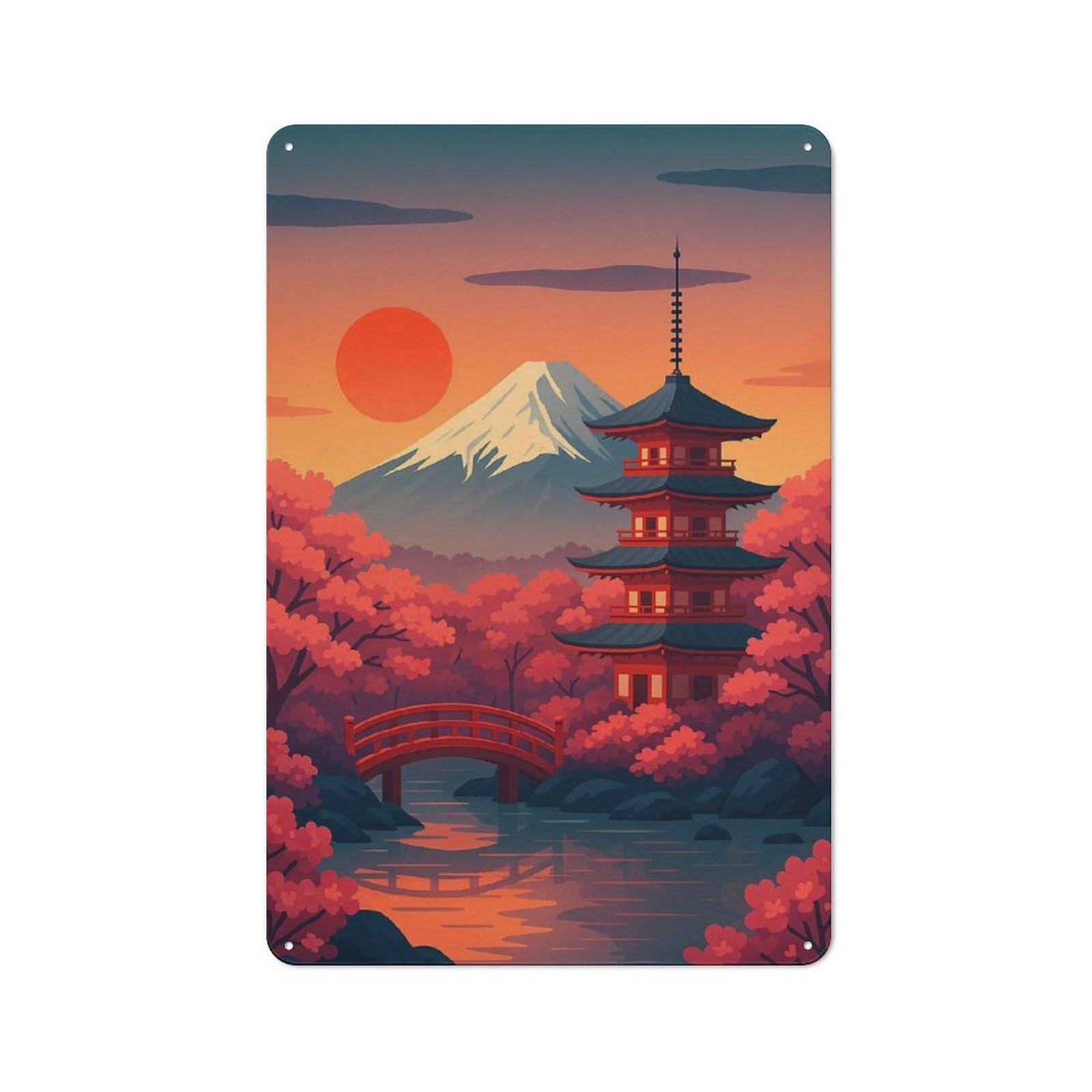 Junmoney Japanese Pagoda With Mount Fuji Bistro Metal Sign 30X20cm, Vintage Cafe Wall Decor For Takeaway, Bar, Kitchen Or Counter Area
