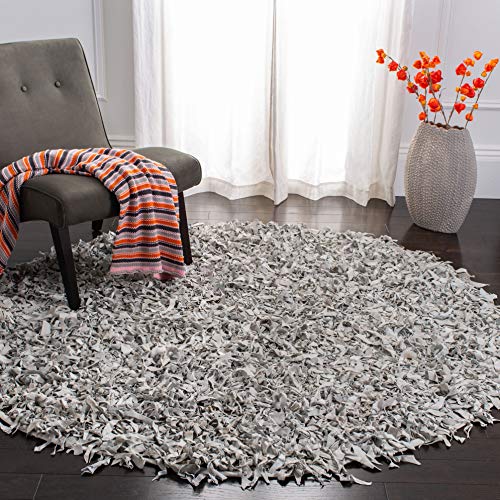 SAFAVIEH Leather Shag Collection Area Rug - 6' Round, White, Hand-Knotted Modern Leather, Ideal for High Traffic Areas in Living Room, Bedroom (LSG511C)