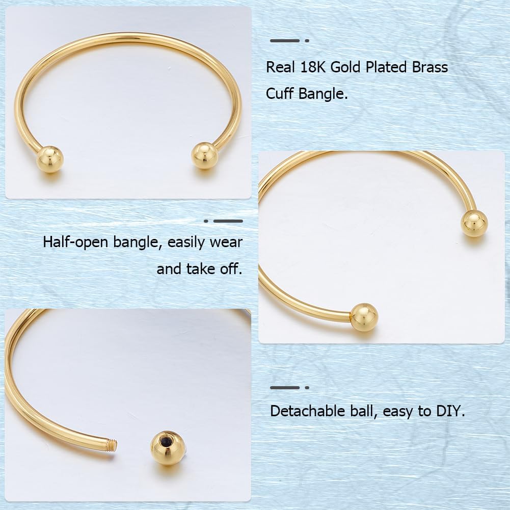 Beebeecraft 6Pcs 18K Gold Plated Brass Cuff Bangle Findings Open Bangle Bracelets with Screw Beads Half Open Cuff for DIY Jewelry Making