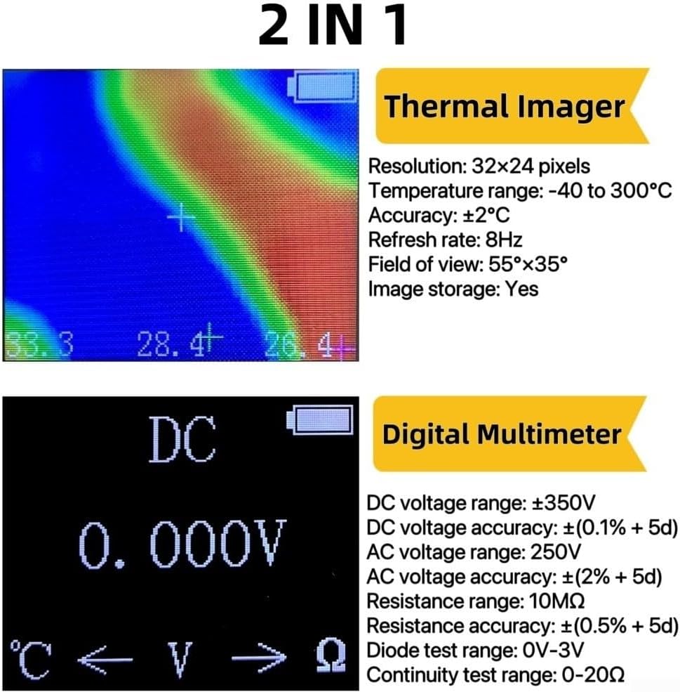 2-in-1 Thermal Imaging Multimeter | Portable with 32x24 IR & -40°C to 300°C Range | 8Hz Refresh, for Industrial Maintenance