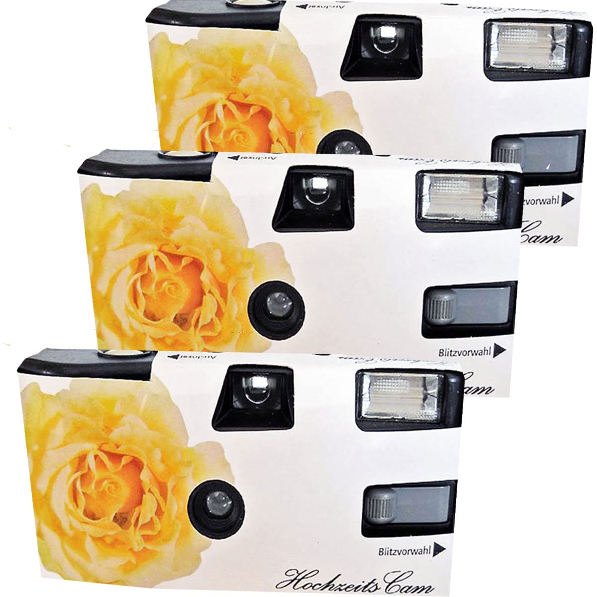PORST Einwegkamera gelbe Hochzeitsrose mit Blitz 3er Pack 27 Aufnahmen