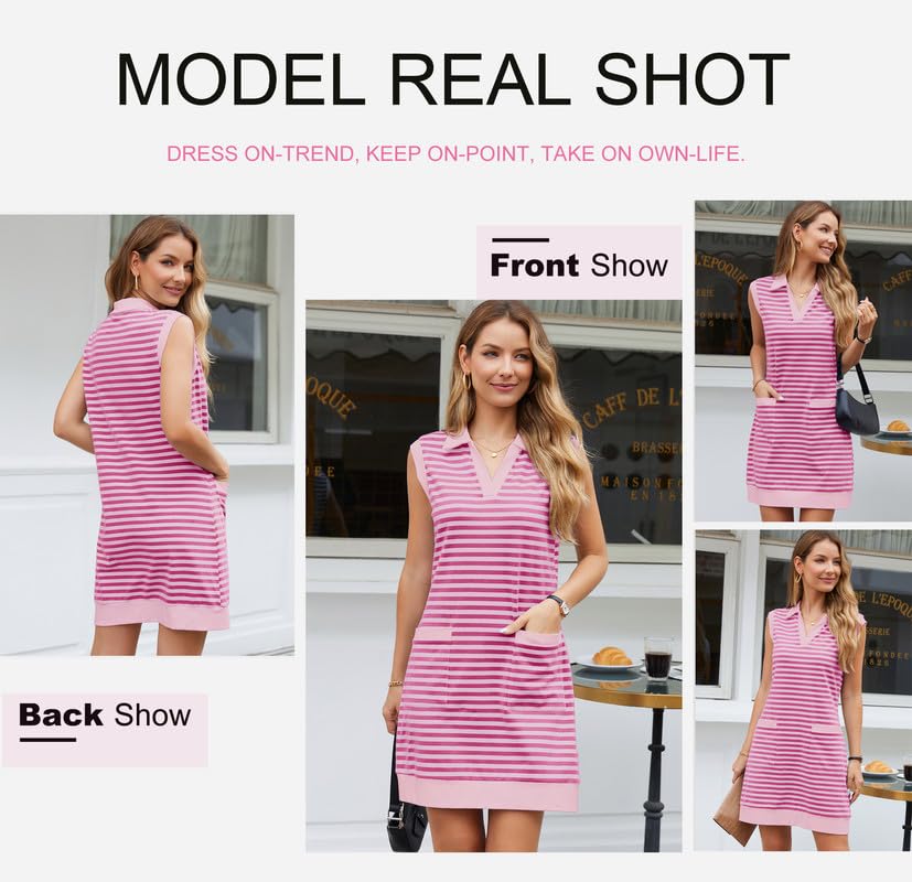 Image of Dokotoo Womens Summer Dresses 2025 V-Neck Sleeveless Striped Casual Mini Dress Sundress with Pockets