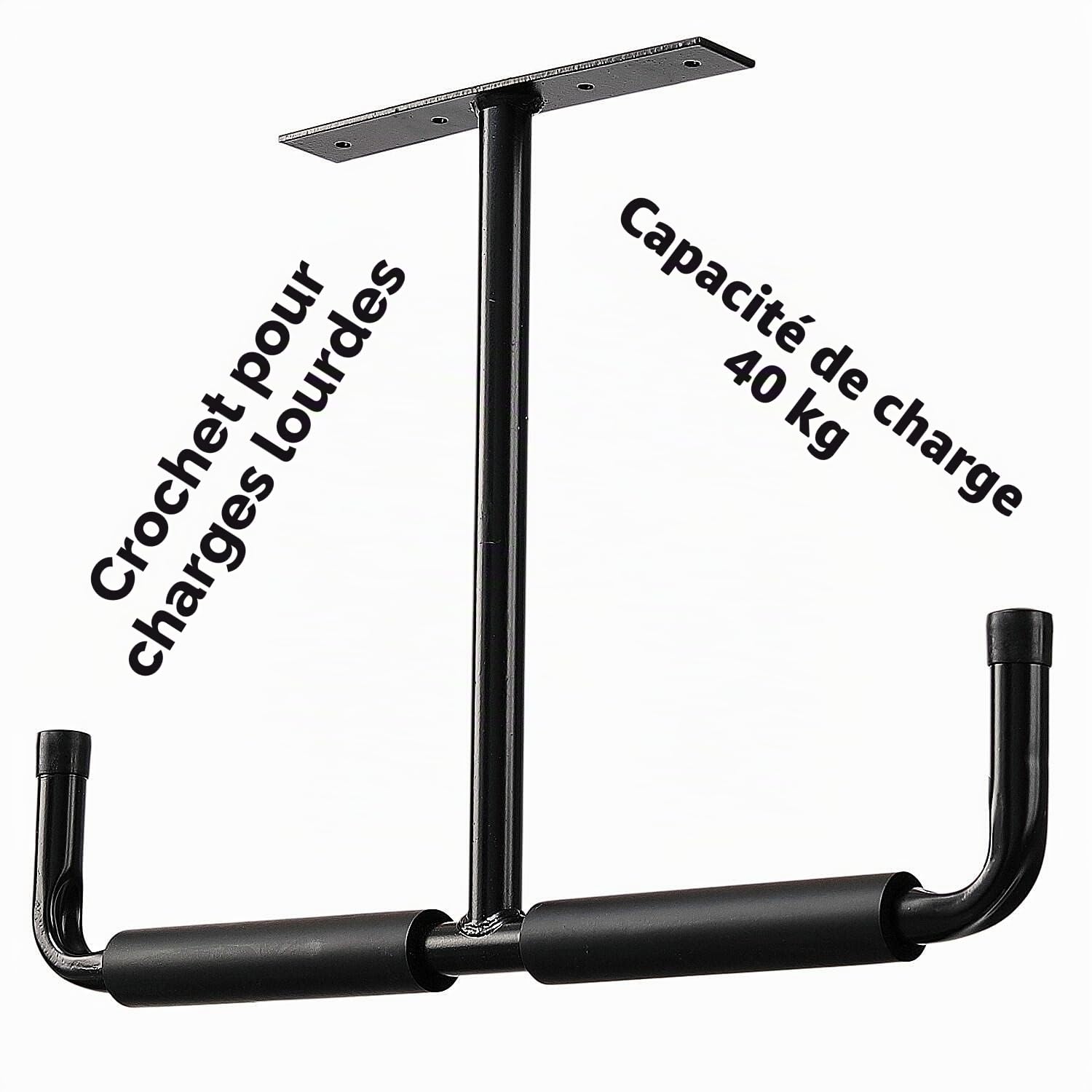 Lot de 4 crochets de plafond caoutchoutés pour garage - En acier noir - Double pointe - 20 cm - Pour échelle et équipements de sport tels que ski, planche de surf, canne à pêche