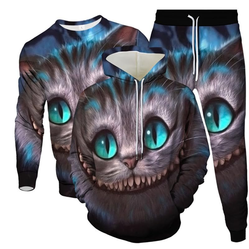 Set Tuta da Uomo Felpe con Cappuccio Stampate in 3D Animal Cat + Felpa + Pantaloni da Jogging Set di Pantaloni della Tuta Set da 3 Pezzi Tuta Sportiva Casual