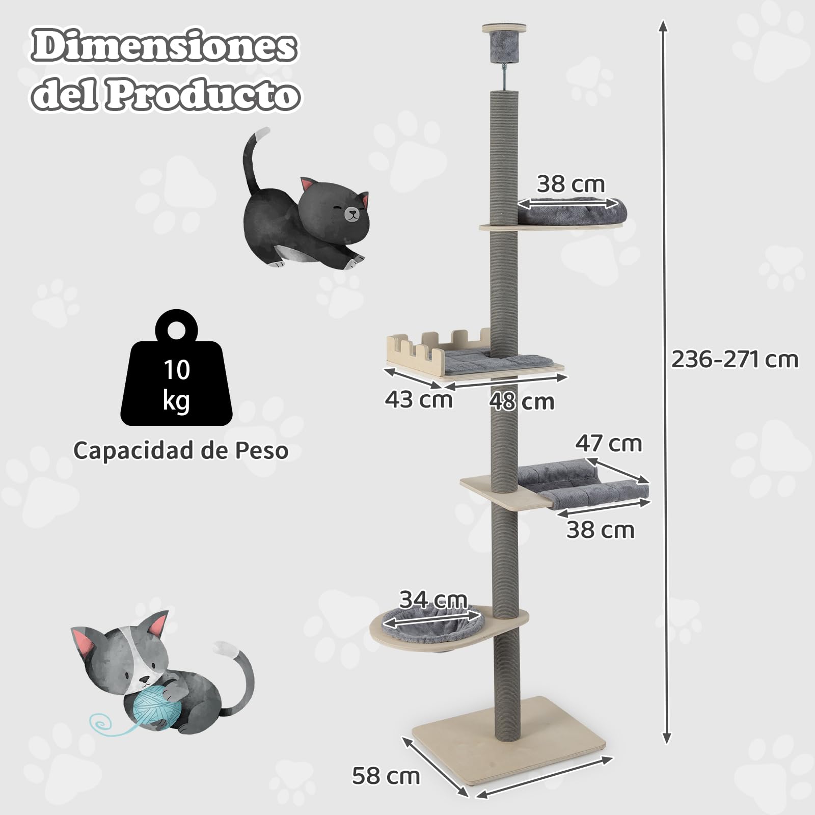 COSTWAY Árbol para Gatos de Suelo a Techo de 236-271 cm, Árbol Rascador para Gatos de Madera con Percha, Cama en Cesta, Postes Rascar, Hamaca y Cojines Removibles, Torre Gato Alta de 5 Niveles, Gris