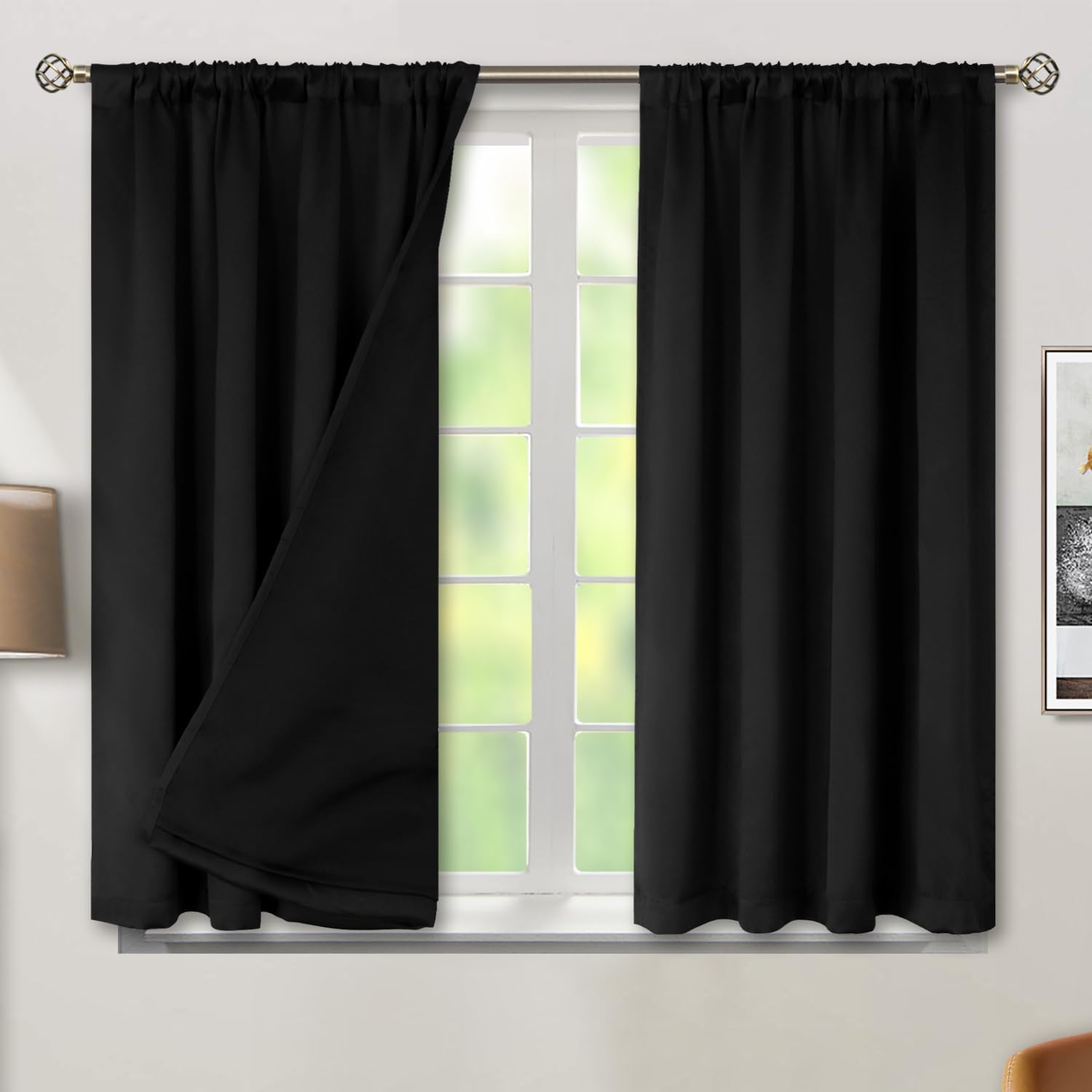 Product image of BGment Black Blackout Curtains for Bedroom 45 Inch Length, Rod Pocket 100% Blackout Curtains with Thermal Liner Light Blocking Curtains for Living Room, Each Window Curtains 2 Panels, 42 x 45 Inch