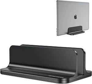 OMOTON VL01 Aluminum Vertical Laptop Stand Holder for Desktop, Black | Fits All MacBook, Surface, Chromebook and Gaming Laptops (Up to 17.3 inches), Adjustable Dock Size