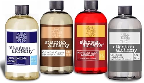 Paquete de plata coloidal iónica premium, cobre coloidal, oro coloidal y platino (cuatro botellas de 8.5 onzas)