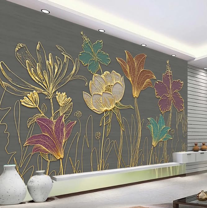 Papier peint fleurs 3D ligne d'or une fresque murale chic pour un salon raffiné