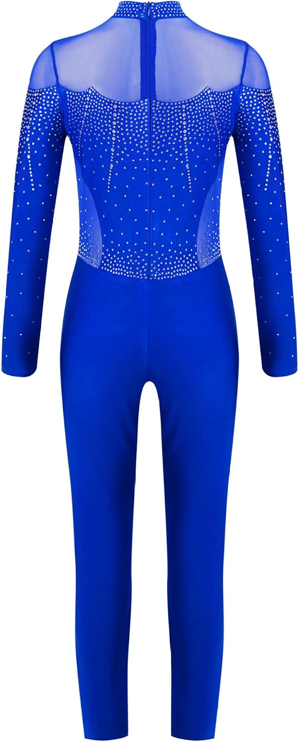 Girls Long Sleeve Gymnastics Leotard Glitter Rhinestones Ice Skating Unitards Jumpsuit for Competitions