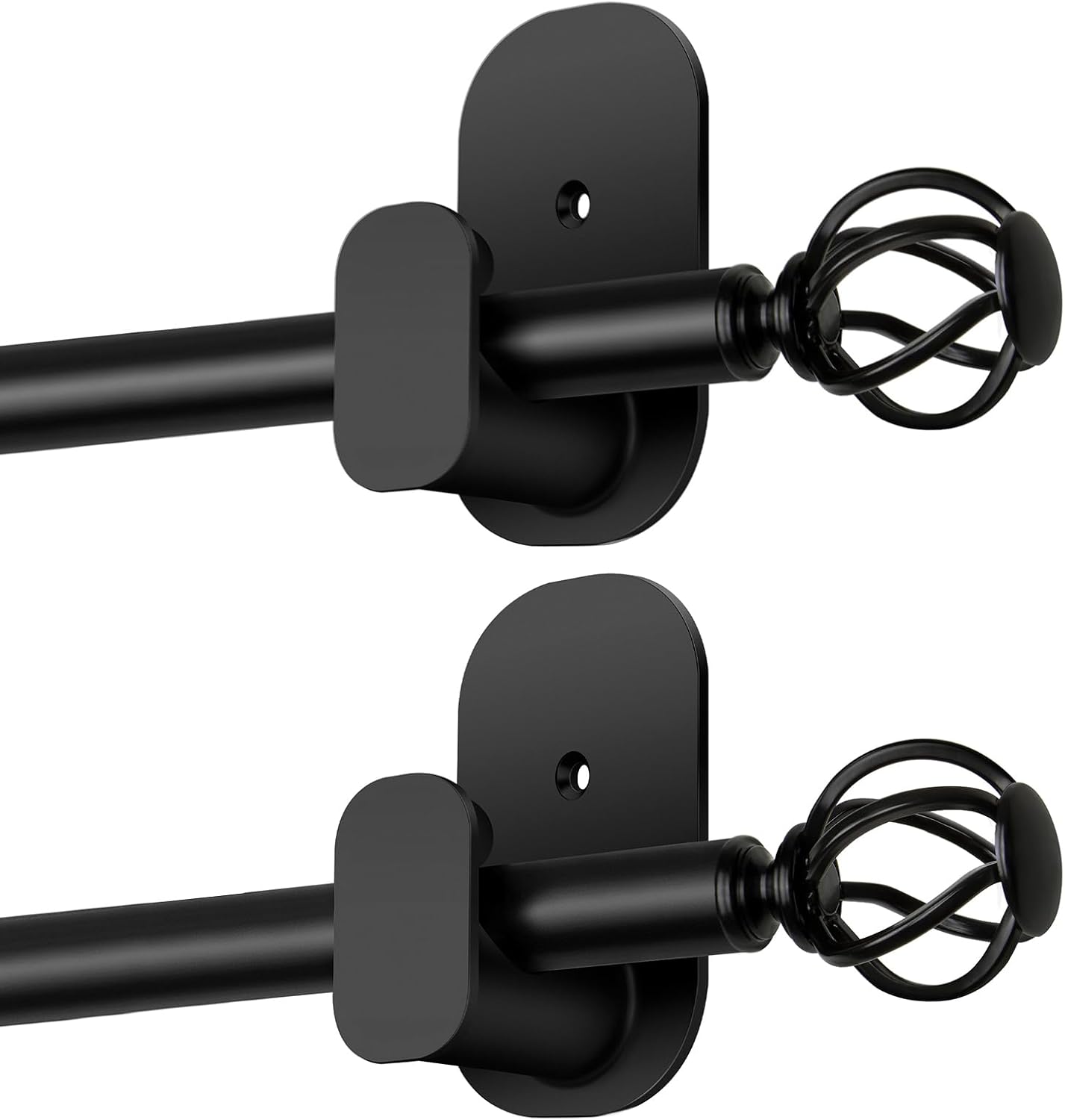 Black Curtain Rods No Drilling 48 to 84 Inch, 5/8 Inch Diameter No Drill Drapery Rod Set with Adhesive Brackets and Twiested Cage Finals, Bedroom Apartment Renter Friendly, 2 Pack