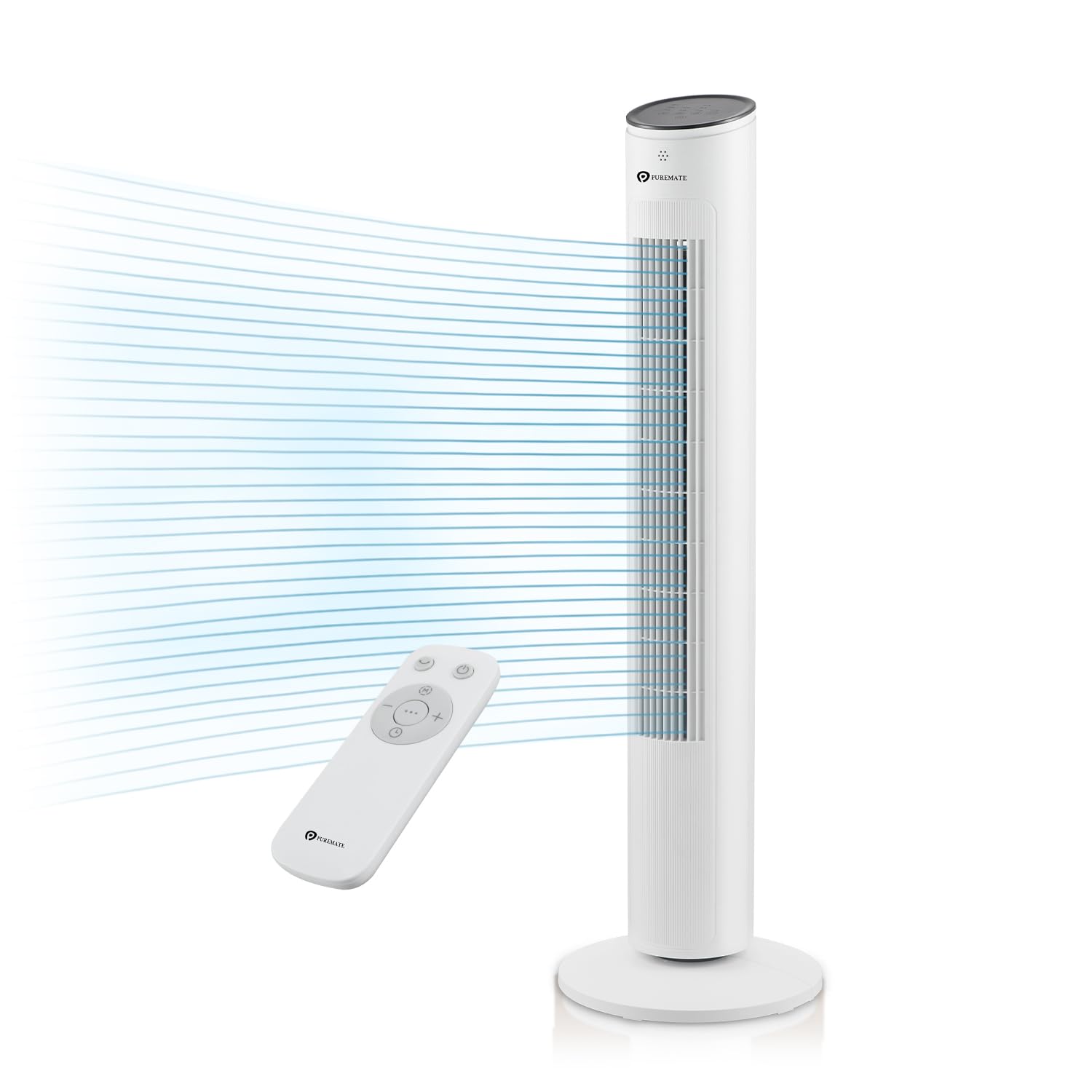 PureMate 43-inch Tower Fan with Remote control, Oscillating Silent Bladeless Floor Fan, 3 Speeds, 7-Hour Timer, Powerful 40W Electric Standing Fan, Portable Quiet & Ideal for Bedroom, White