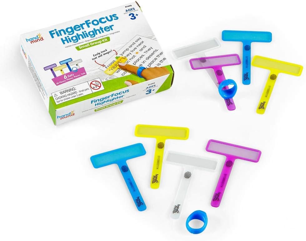 hand2mind FingerFocus Highlighter, Guided Reading Strips, Reading Pointers for Kids, Dyslexia Tools for Kids, ADHD Tools, Special Education School Supplies, Teacher Classroom Must Haves (6 Pack)