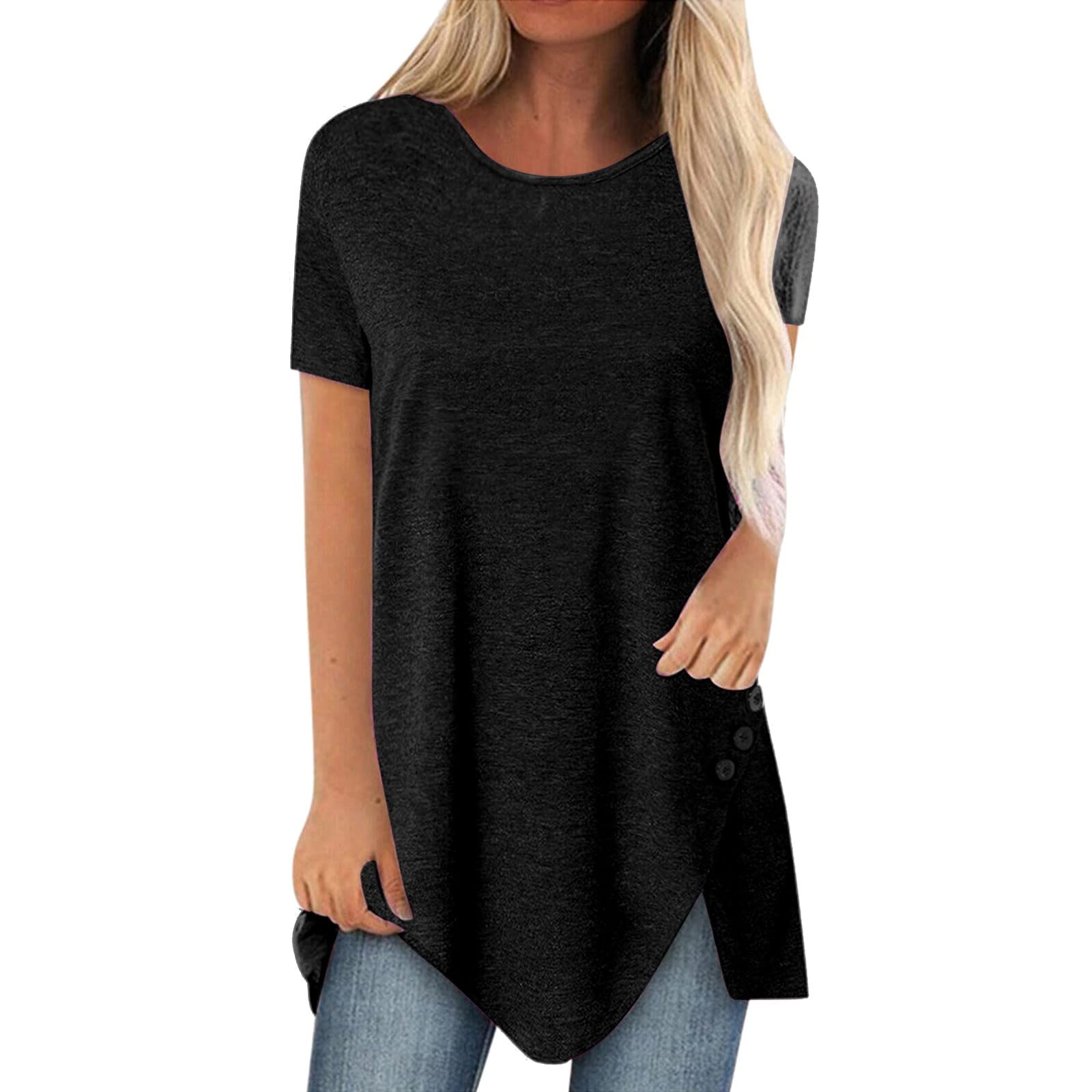 VEMOW Blusas y Camisa Camisetas Larga para Mujer Manga Corta con Estampado Suelta Cuello Redondo, Última Moda Informal Básico Elegantes Cómoda Camiseta Interior Verano Tops Tallas Grandes