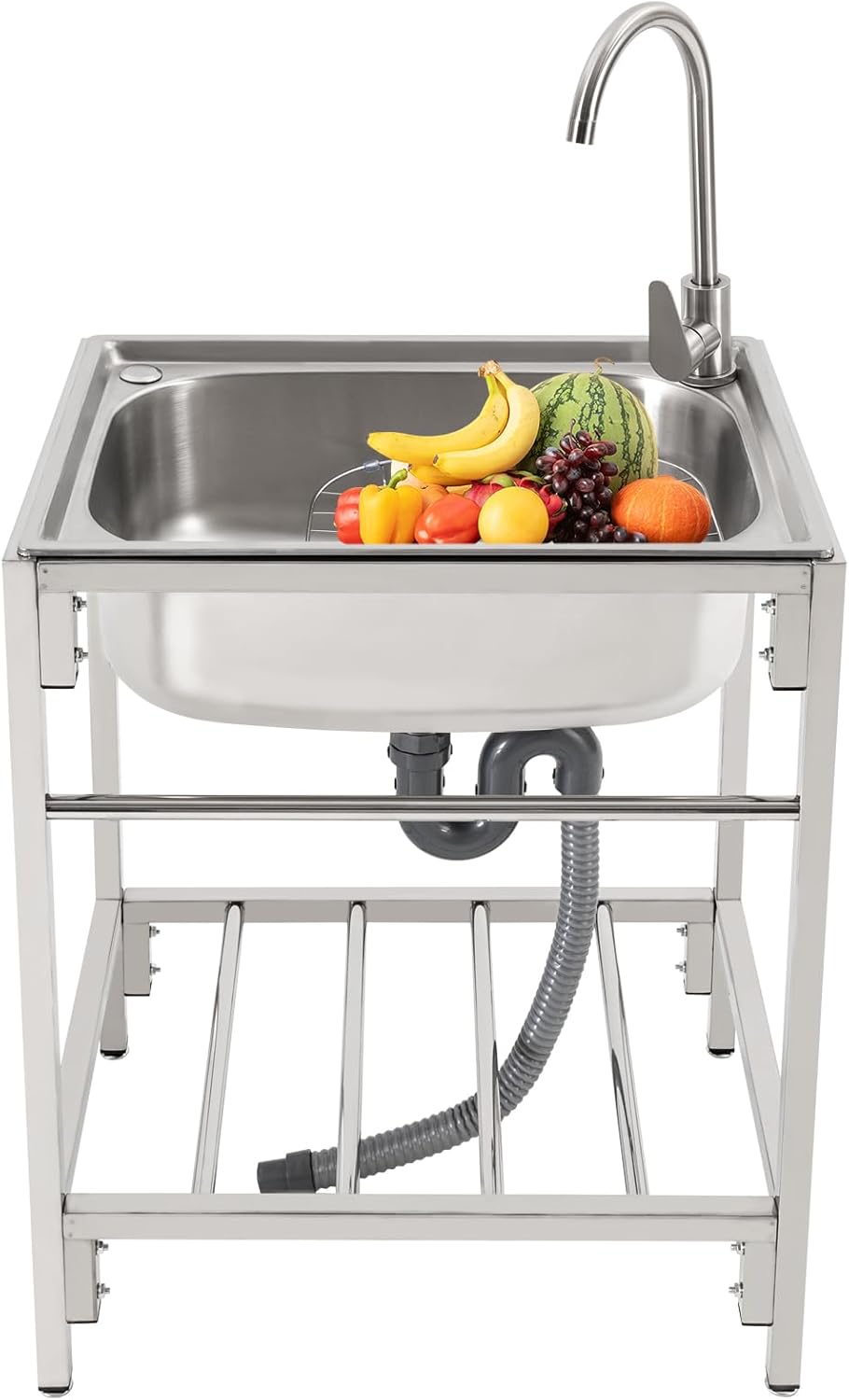 Stainless Steel Freestanding Single Bowl Basin Sink with Hot Cold Faucet and Storage Shelves，Freestanding Commercial Hand Wash Basin for Laundry Kitchen Restaurant 23.6 * 17.7 * 29.5in