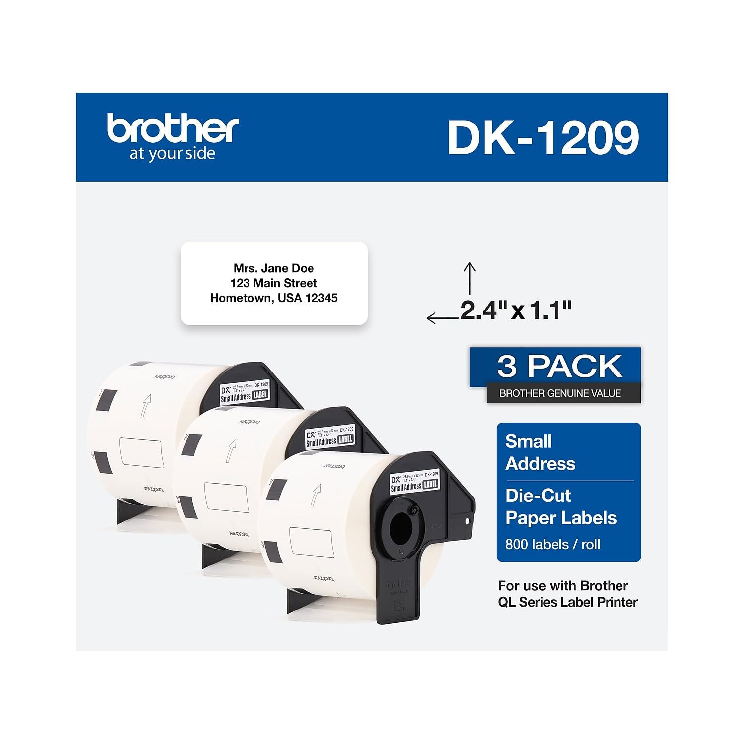 Brother DK-1209 Petit rouleau d'étiquettes d'adresse en papier découpé, conçu pour l'excellence, 800 étiquettes par rouleau, blanc