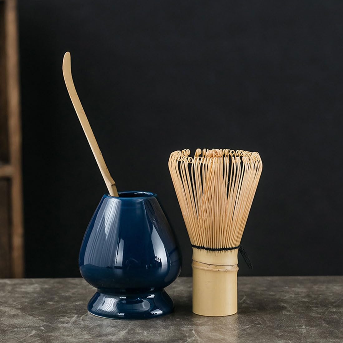Lussenwert Matcha Whisk Set, Matcha Set 3 Pcs, Bamboo Matcha Whisk, Ceramic Whisk Holder, Bamboo Scoop, 100% Handmade Matcha Kit Gifts, Japanese Tea Accessories for Tea Lovers, Blue