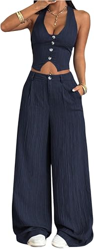 SOLY HUX Women's 2 Piece Outfits Halter Button Down Vest Crop Tops and High Wais