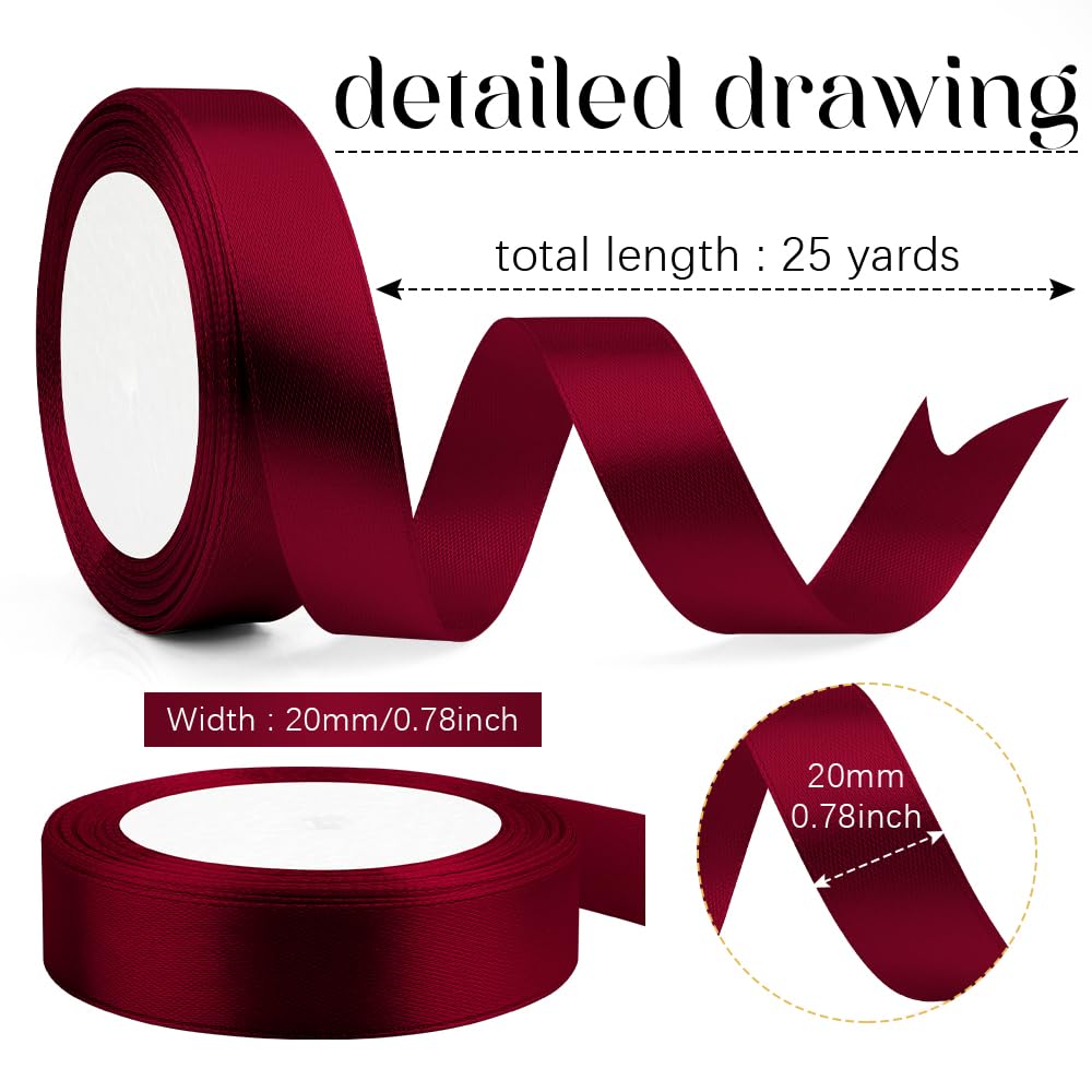 Red Ribbon Burgundy Ribbon Maroon 20mm X 25yd Dark Red Ribbons for Gift Wrapping Christmas Xtmas Ribbons for DIY Hair Bows Wine Red Party Supplies Valentine's Day Brithday Cake Anniversary - Image 2