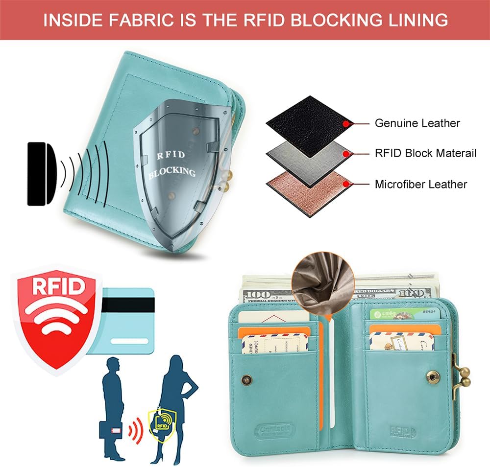 CONTACTS Full Grain Leather Kiss Lock Wallet for Women Slim Kiss Clasp Coin Purse Vintage Bifold Card Holder Small RFID Wallet (Blue) - Image 6