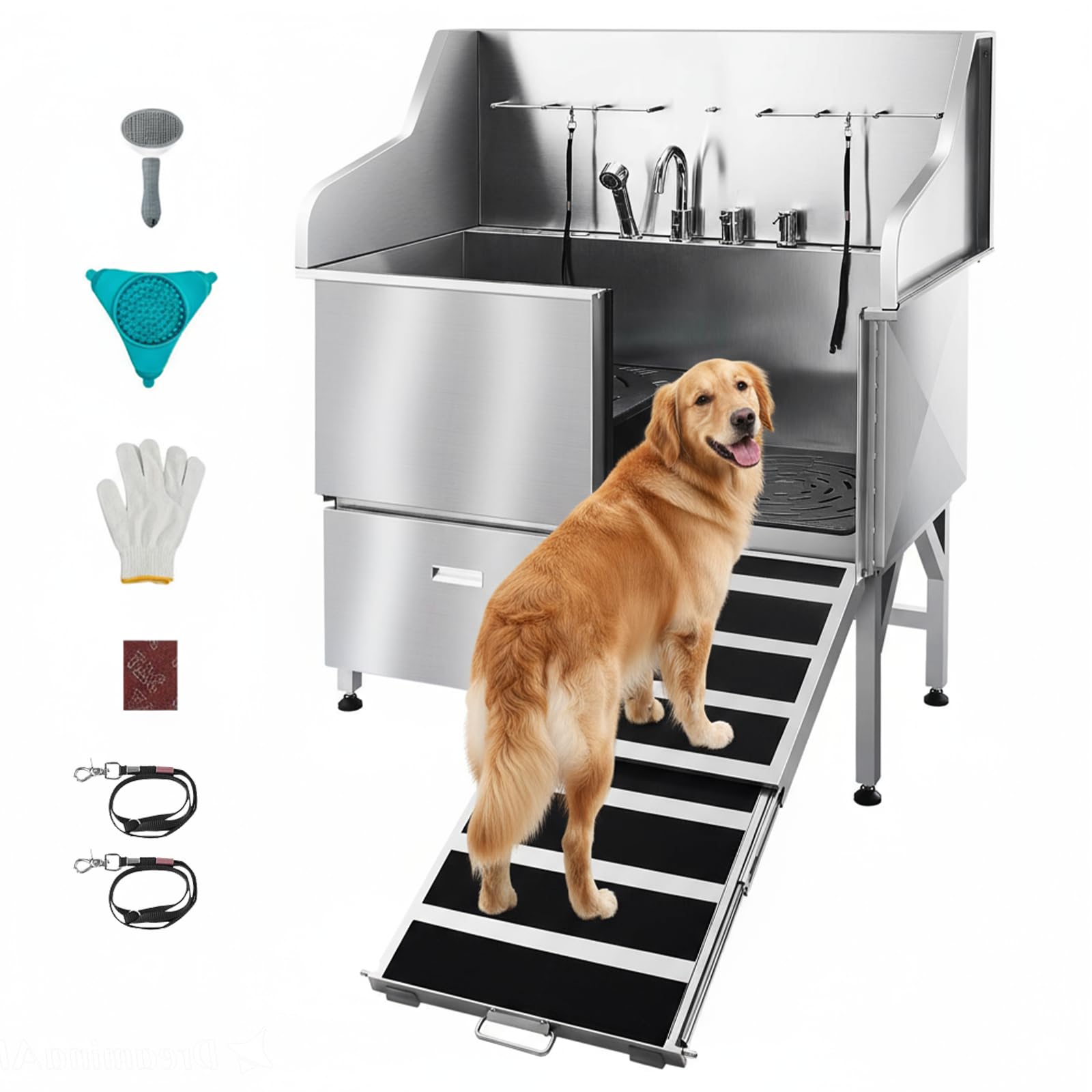 VEVOR Hundewaschstation aus Edelstahl, 1275x795x1435 mm Tierpflegewanne mit Rampe, Wasserhahn, Duschkopf, Hundebadewanne mit Leine für große, mittelgroße und kleine Haustiere (rechte Tür)