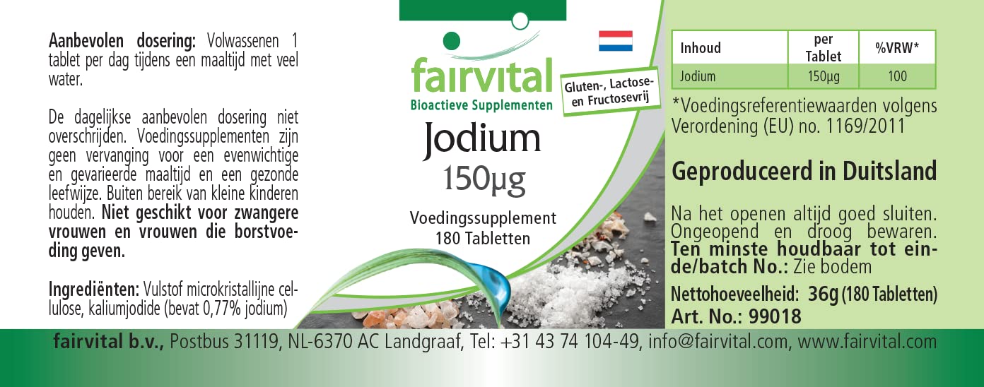 fairvital Compresse di iodio, 180 compresse, facili da deglutire, ALTO DOSAGGIO con 150 µg di iodio per compressa, a base di ioduro di potassio, VEGANE