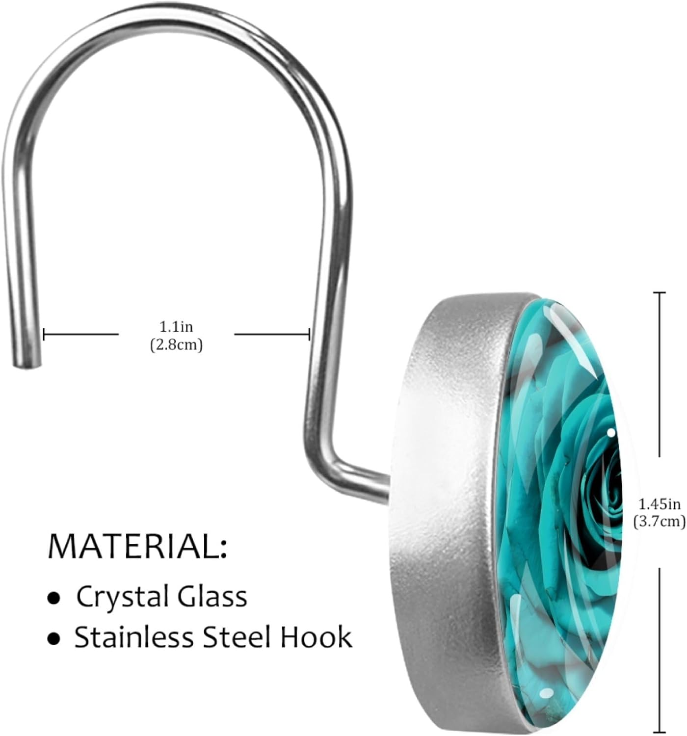 Teal Romantic Rose Floral Decorative Shower Curtain Hooks Rings Set of 12 Hooks for Shower Curtain Stainless Steel Rustproof Curtain Rings for Bathroom