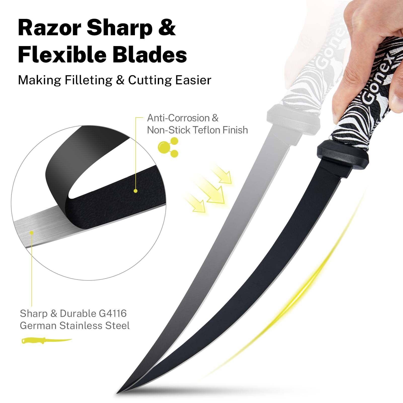 Gonex Cuchillo Deshuesador para Filetear, Acero Inoxidable 22 cm, con Funda y Afilador