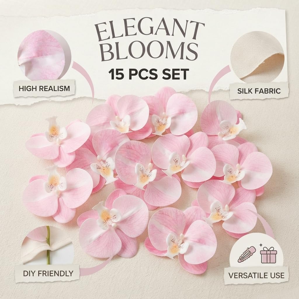 15PCS Pink Artificial Orchid Flowers, Floral Cake Toppers for Wedding image 3