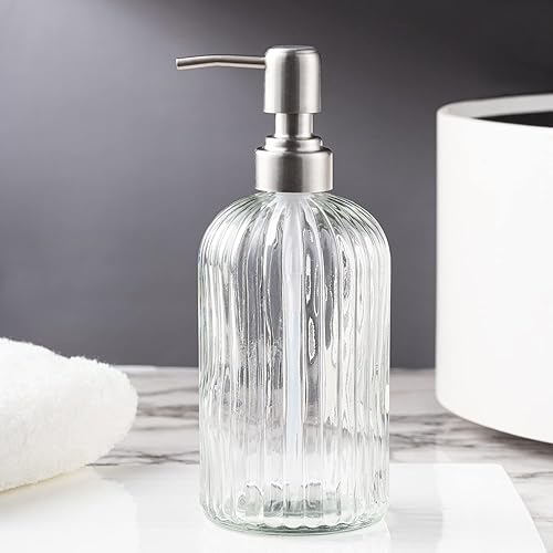Miniatura 5 de Easy-Tang Dispensador de jabón de manos de vidrio para baño, plato de cocina de 18 onzas con bomba de acero inoxidable a prueba de óxido, diseño de