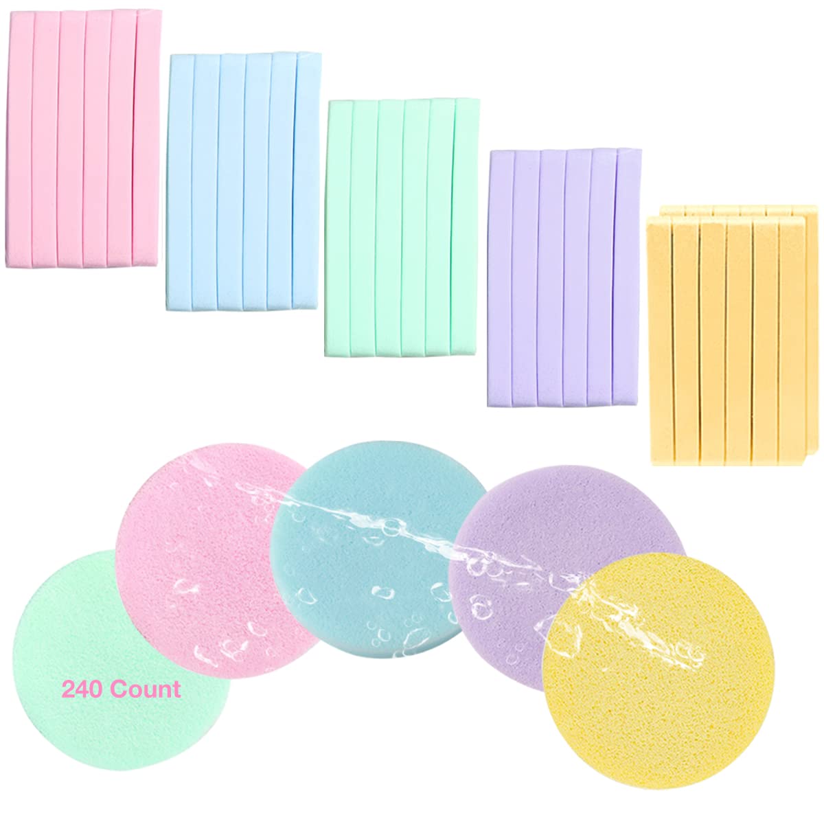 Esponja facial comprimida, 240 unidades de PVA profesional para eliminar maquillaje de cara redonda, esponja exfoliante para mujer, amarillo, rosa, morado, azul, verde