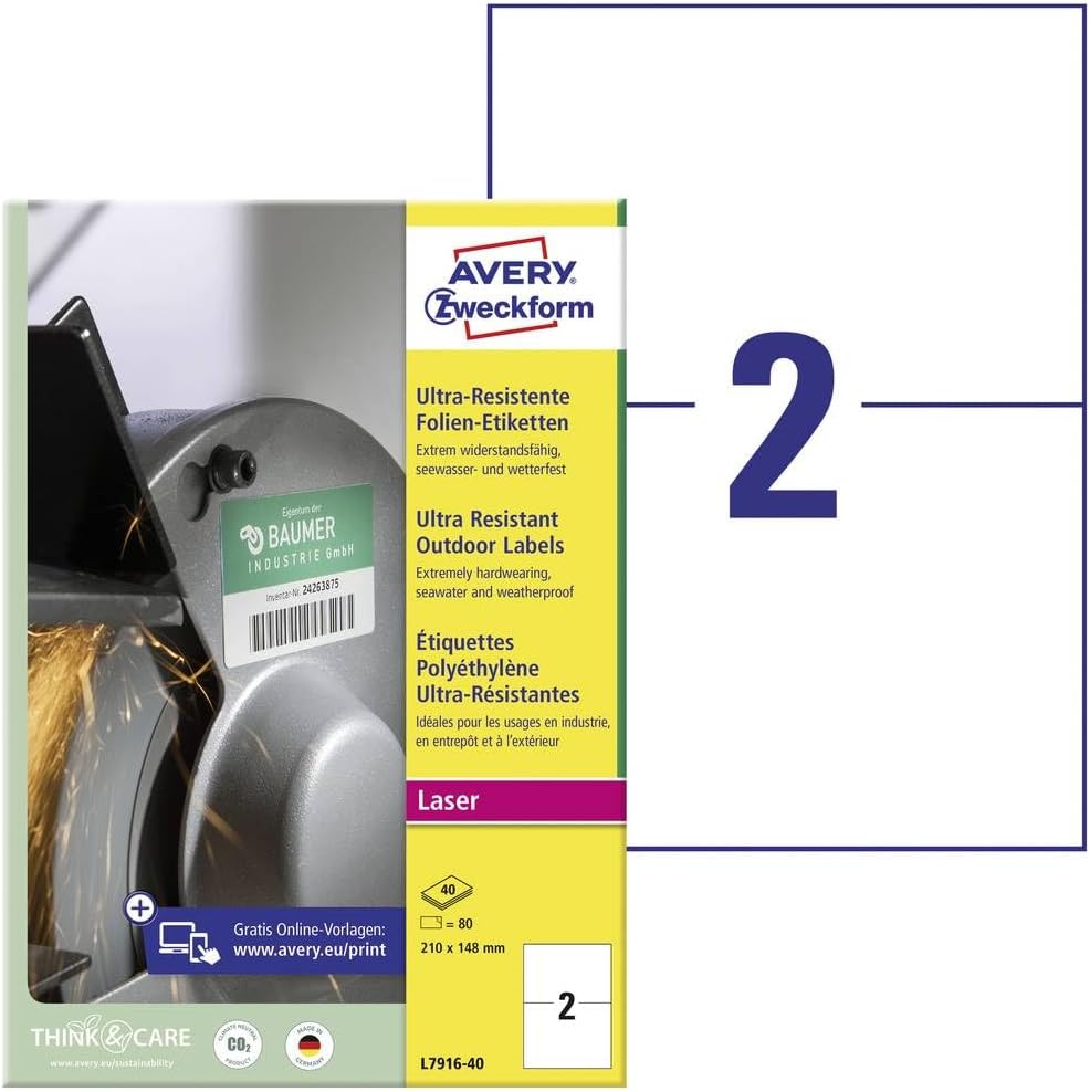 AVERY Zweckform L7916-40 Film Labels A4 80 Stickers Ultra-Resistant 210 x 148 mm 40 Sheets White