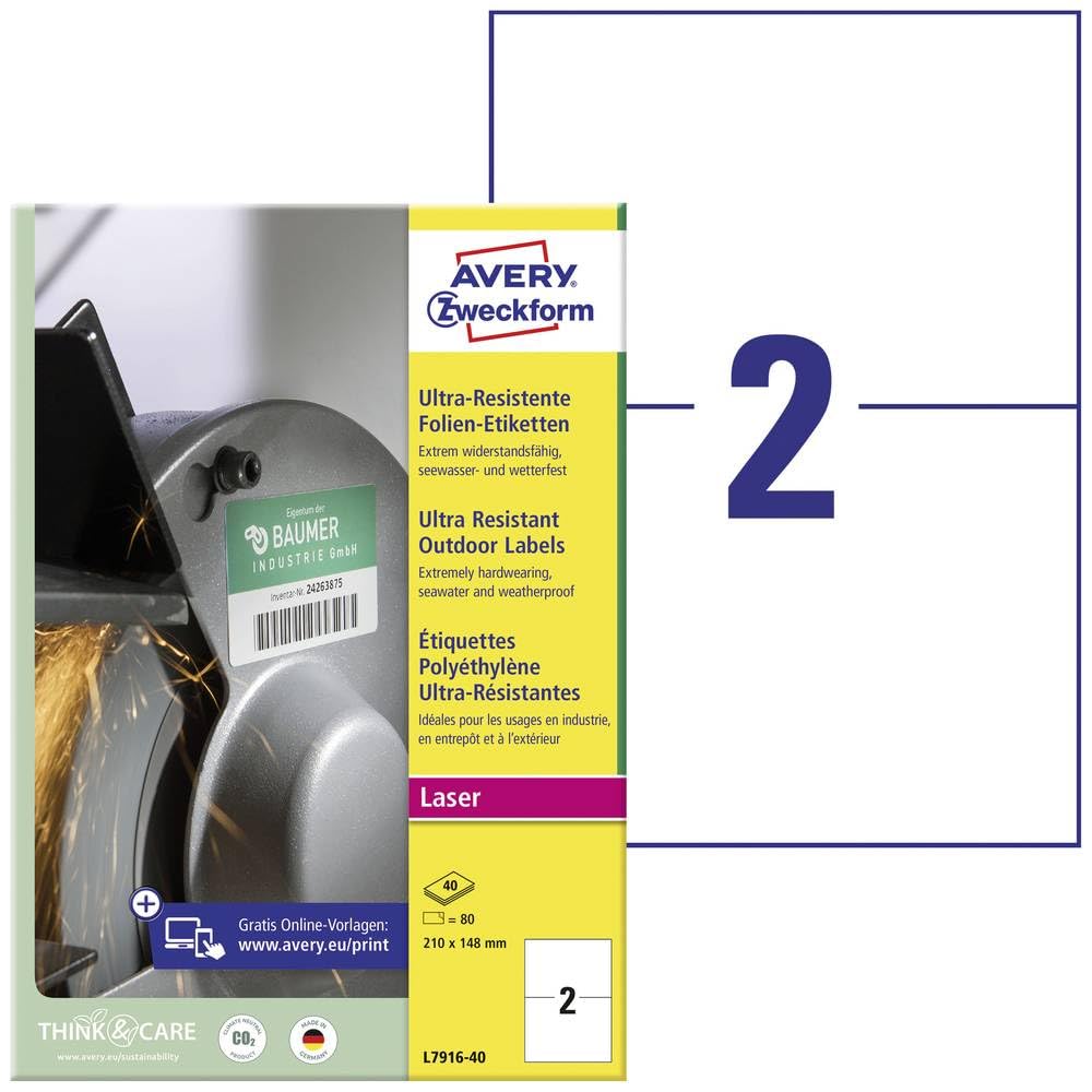 Avery Zweckform L7916-40 - Etiquetas (A4, 80 pegatinas, ultra resistente, 210 x 148 mm, 40 hojas), color blanco