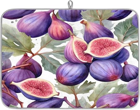 Ficus Carica Dish Drying Mat for Kitchen Absorbent Microfiber Draining Mat Kitchen Bar Counter Dish Rack Mats with Hanging Loop 18*24 inch