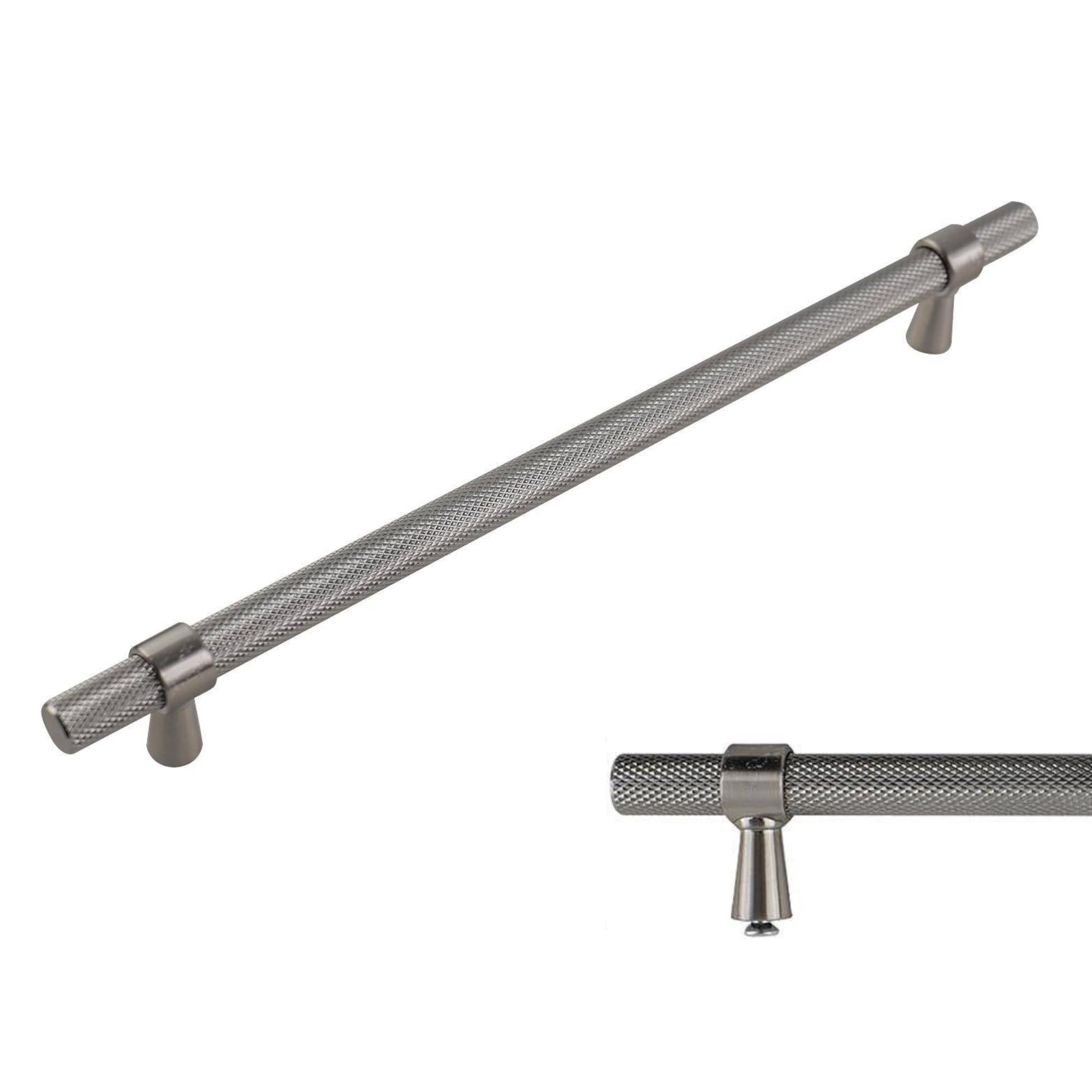 Keypak Satin Nickel 10 Pack Knurled Kitchen Cupboard Handles, 224Mm Hole Centres, Aluminium T-Bar Pulls For Cabinet, Wardrobe Doors, Chest Of Drawers