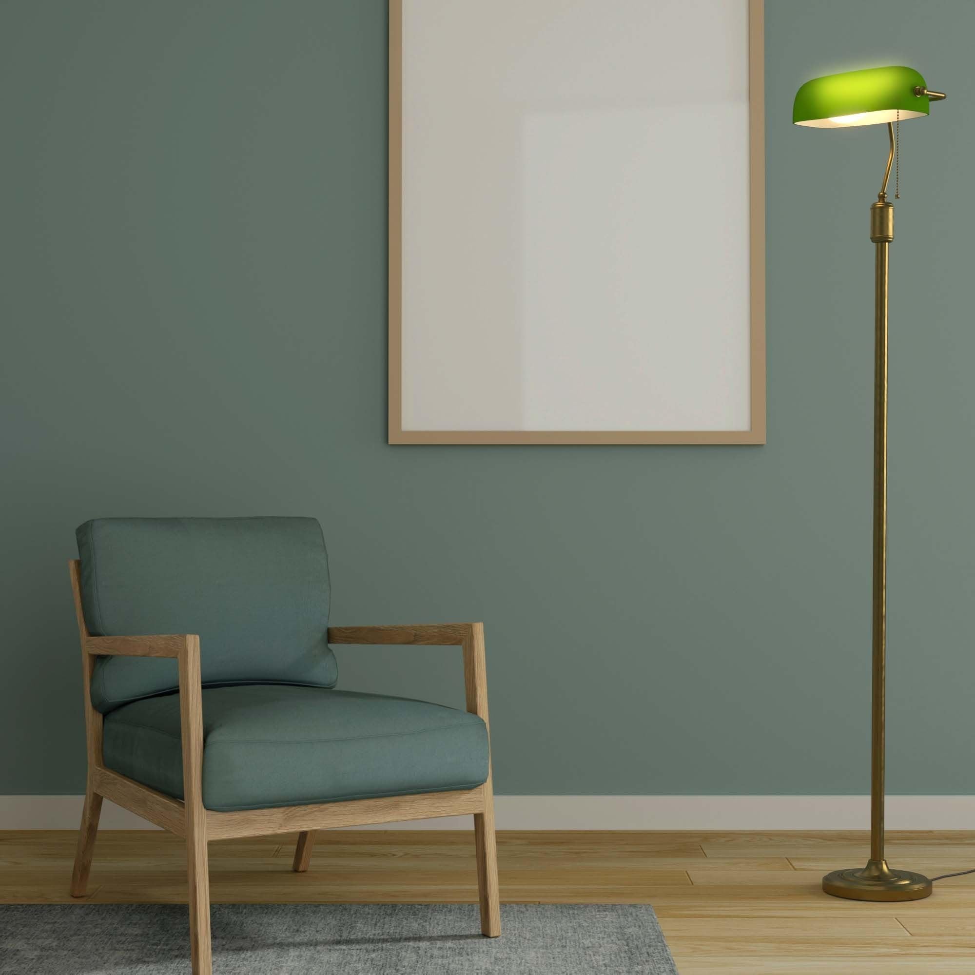 BARCELONA LED Vintage Lampa Podłogowa Bankierska – Klasyczny Zielony Szklany – Lampa Stojąca E27 z Włącznikiem Łańcuszkowym i Regulowanym– Retro Lampa do Salonu, Biura, Biblioteki i Sypialni