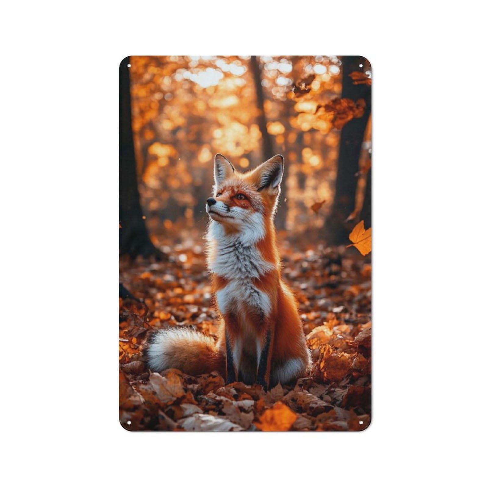 Junmoney Style-2 Retro Metal Wall Sign 30X20cm With Fox In Autumn Leaves For Hallway Wall, Suited To Hallway Decor Lovers