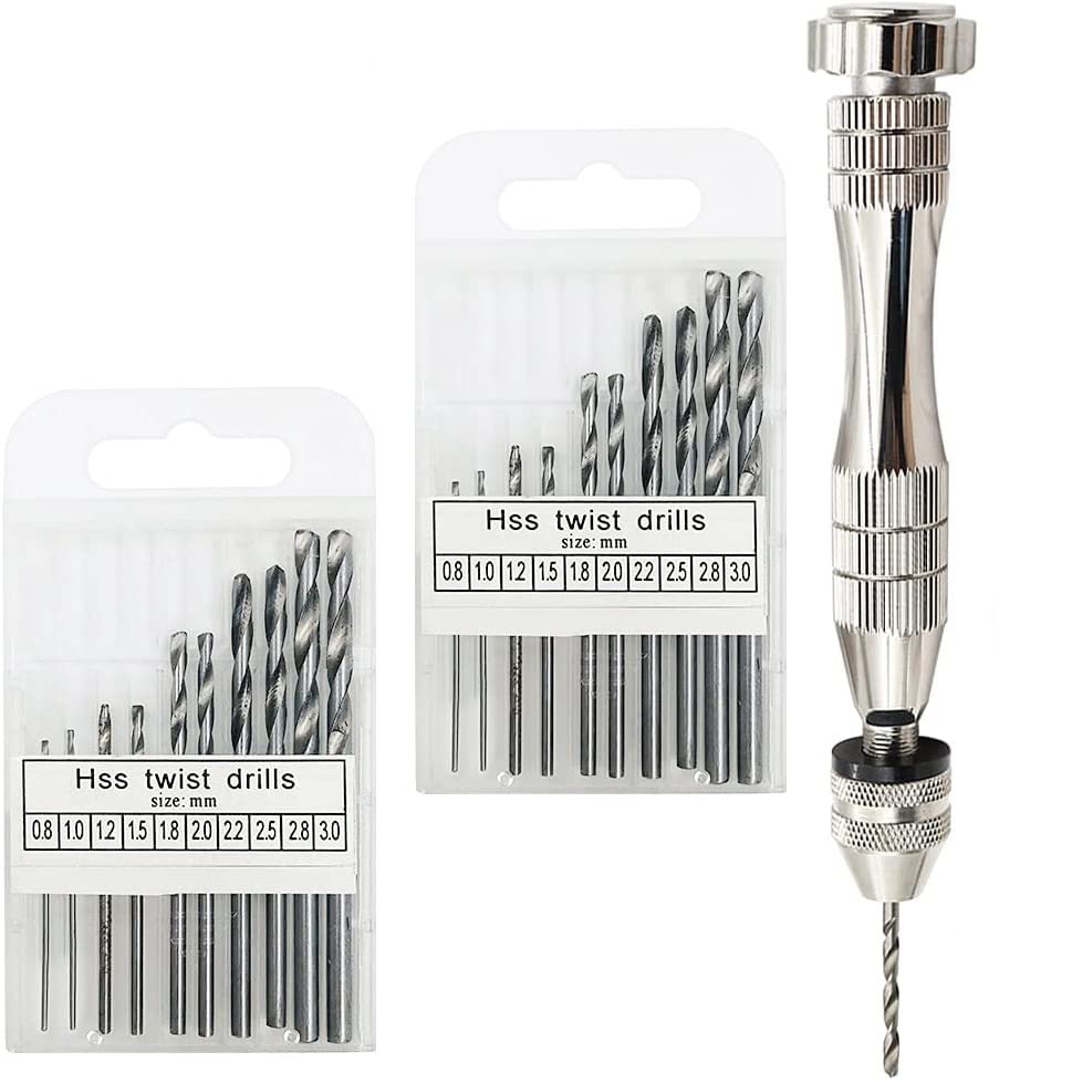 Hand Pin Vise with 20pcs Drill Bits (0.8mm-3mm), TuNan Precision Hand Drill Rotary Tool + Mini Twist Drill Bits Set for Resin Casting Molds, Wood Plastic Jewelry Making
