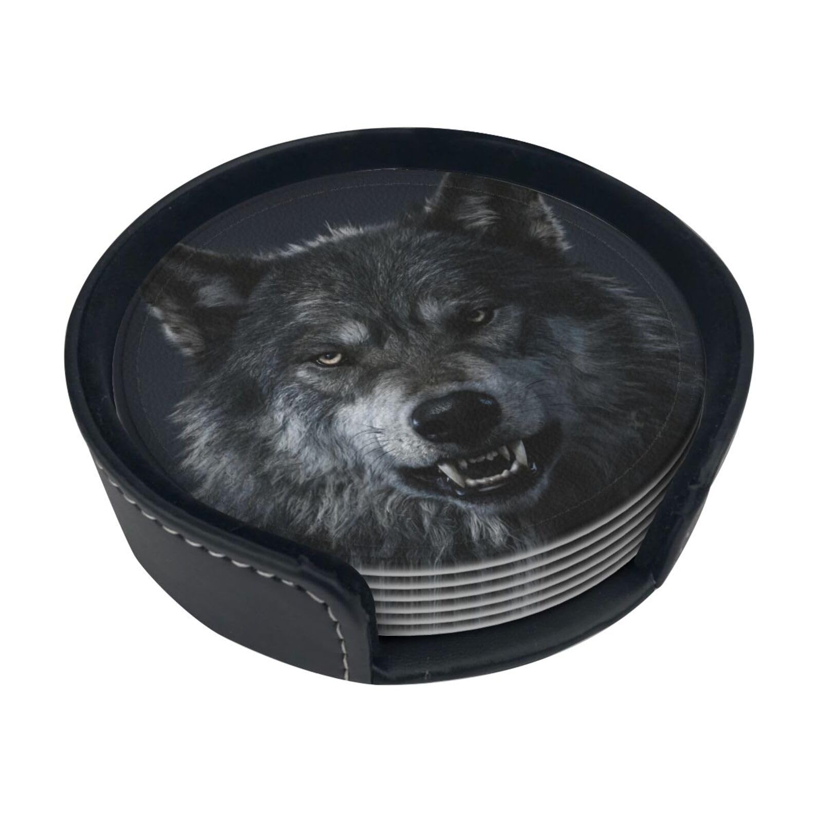 Wolf King Stare Leather Coasters-Set of 6 with Storage Holder