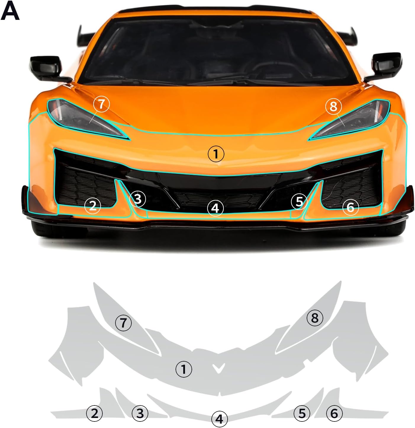 PPF Precut 8.5Mil Car Paint Protective Film for 2023-2024 Corvette C8 Coupe Z06 Self Healing TPU HD Film Scratch Protector Exterior Accessories (Front Bars + Headlights 8Pcs)