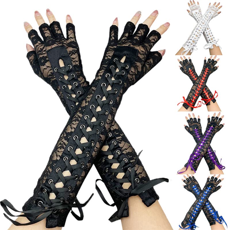 Specell Long Lace Fingerless Gloves Women Fingerless Gloves For Bridal Wedding Prom Party Costume Accessories: A-b- Black and Red - Fingerless Gloves