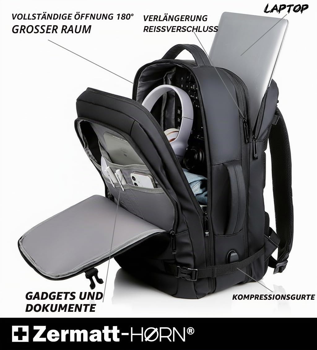 +ZH Reisen rucksack flugzeug + Packwürfel Set mit Kompression aus recycelten Plastikflaschen + Organizer für Handgepäck, Handgepäck-Ruck sack 40x30x20 auf 45x30x20, Packing Cubes, Organizer