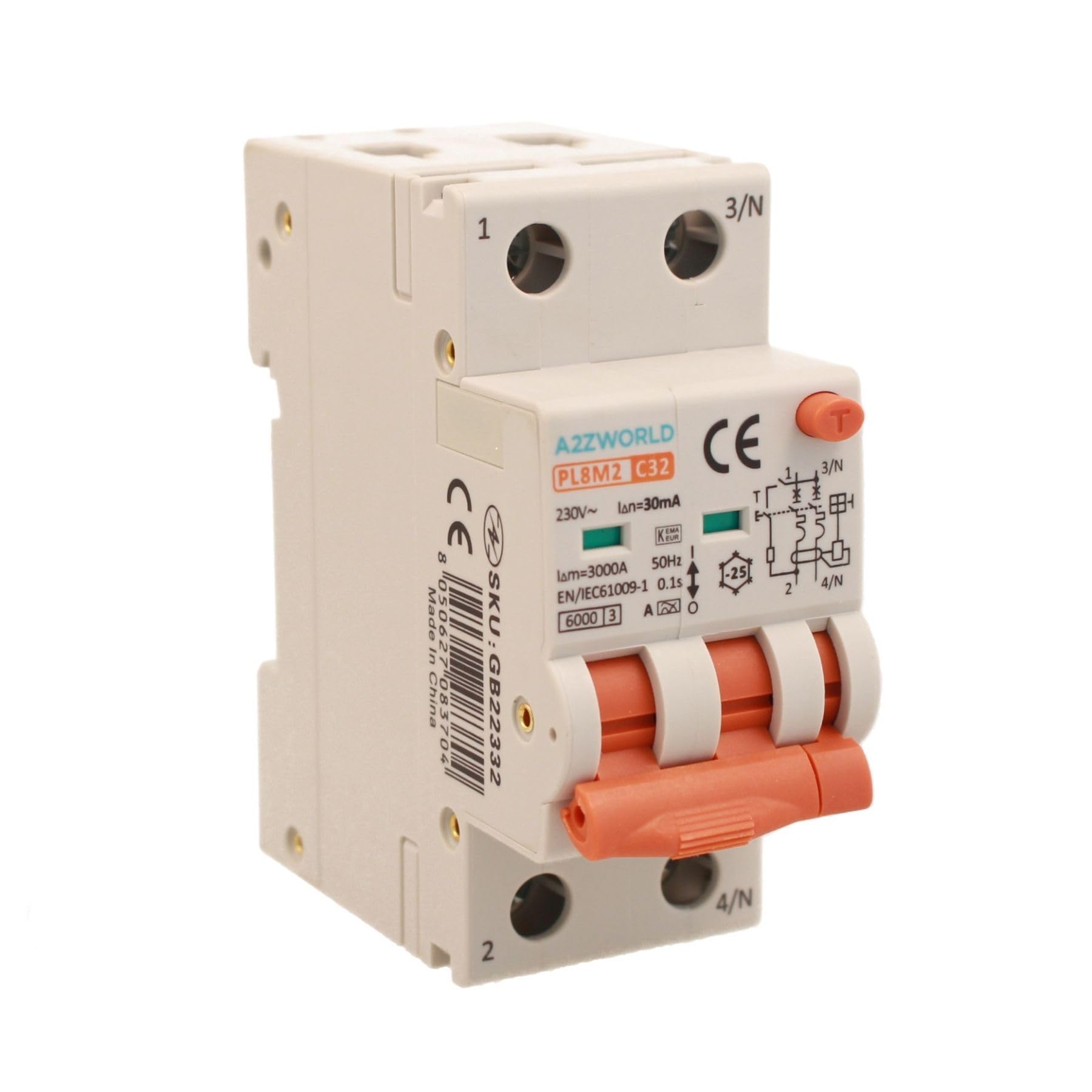 Interrupteur différentiel magnétothermique type A 32 A C32, bipolaire 2P vrai (NO 1P+N), courbe C 6 kA 30 mA, double levier avec diagnostic visuel, 2 modules DIN, série PL8M2