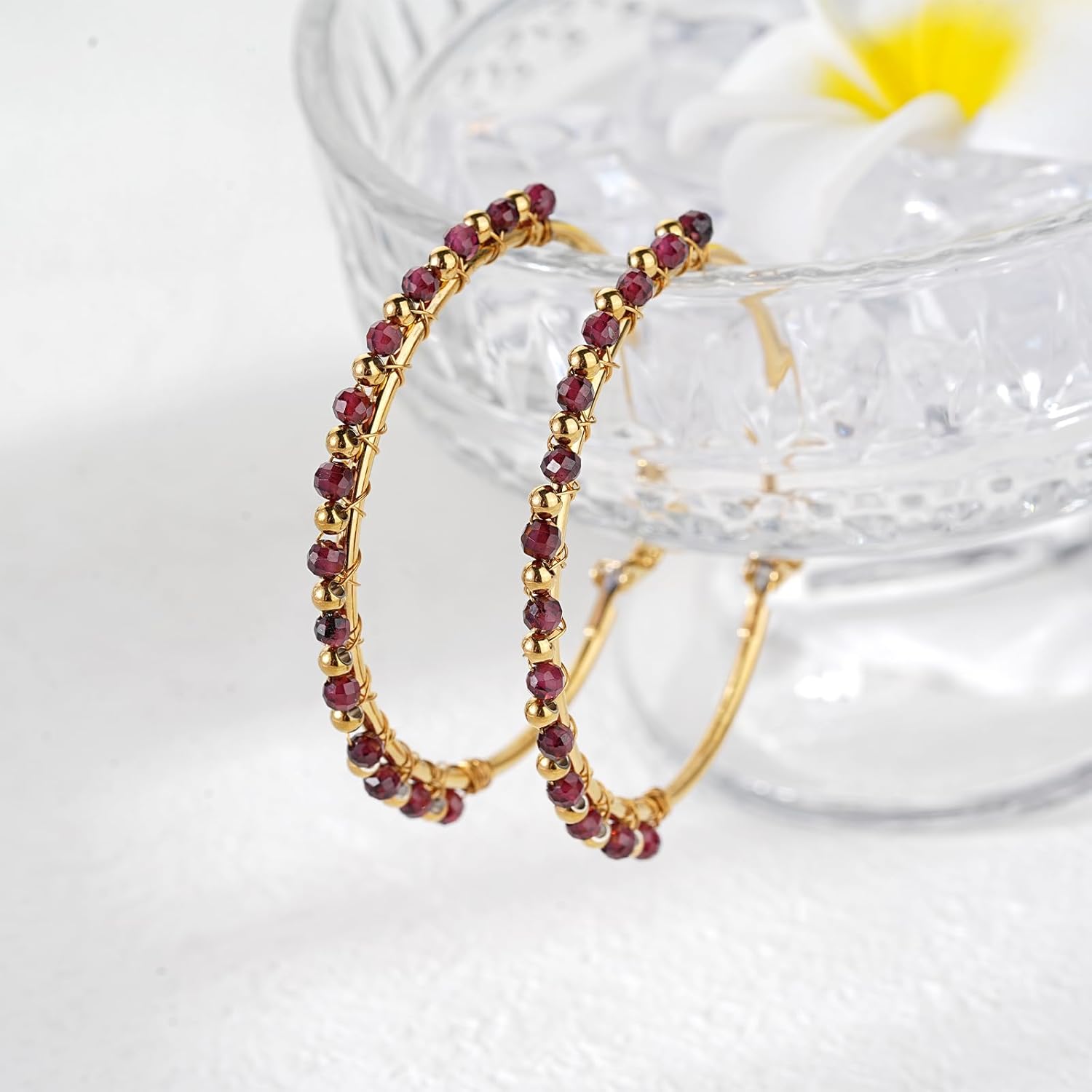 Large Beads Hoop Earrings for Women 18K Gold Plated Handmade Big Hoop Earrings Gemstone Jewelry for Wife Mother