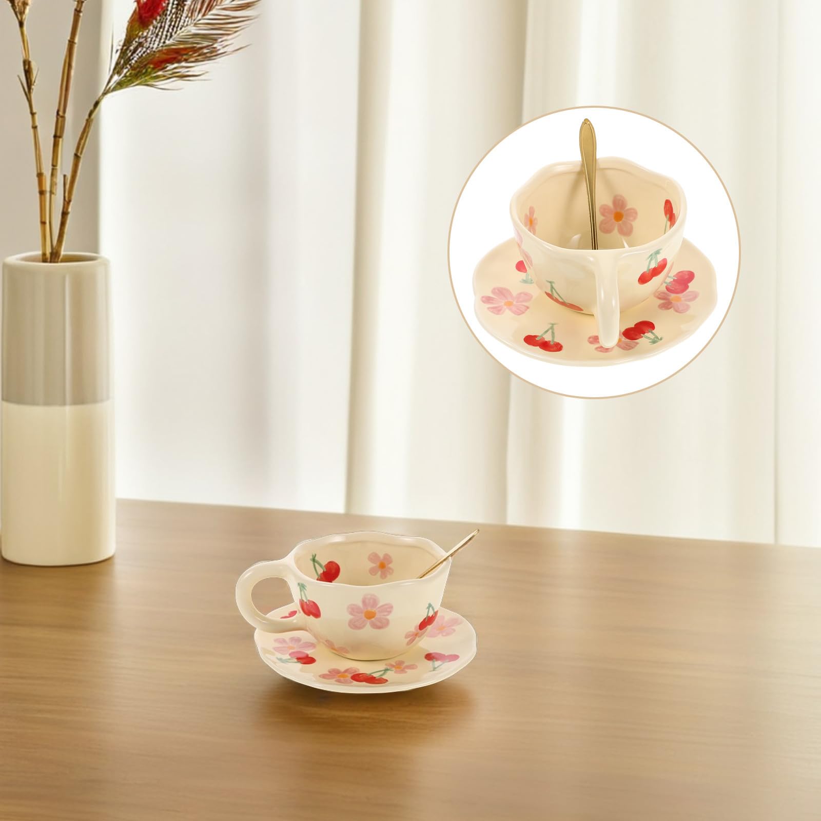 Juego de Taza de Café Adecuado para Reuniones Familiares y Descansos en Oficina de Cerámica Rosa con Platillo y Cuchara, Diseño Único Resistente que Previene Manchas