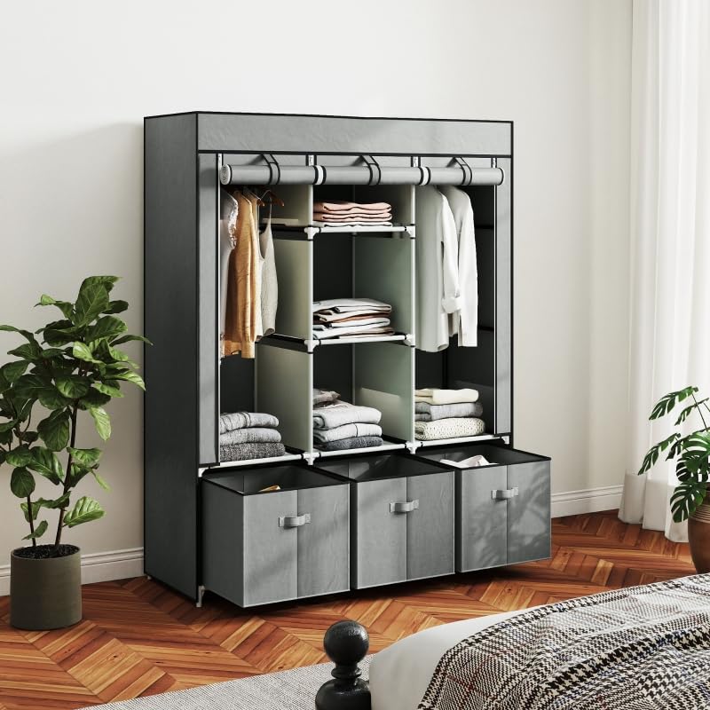 I0I&I0I Kleiderschrank Stoffschrank Faltschrank mit Reißverschluss & Kleiderstange, 3 Schubladen & 5 Ablagen, Faltbarer Garderobenschrank 125x43x162,5 cm für Schlafzimmer & Ankleidezimmer (Hellgrau)