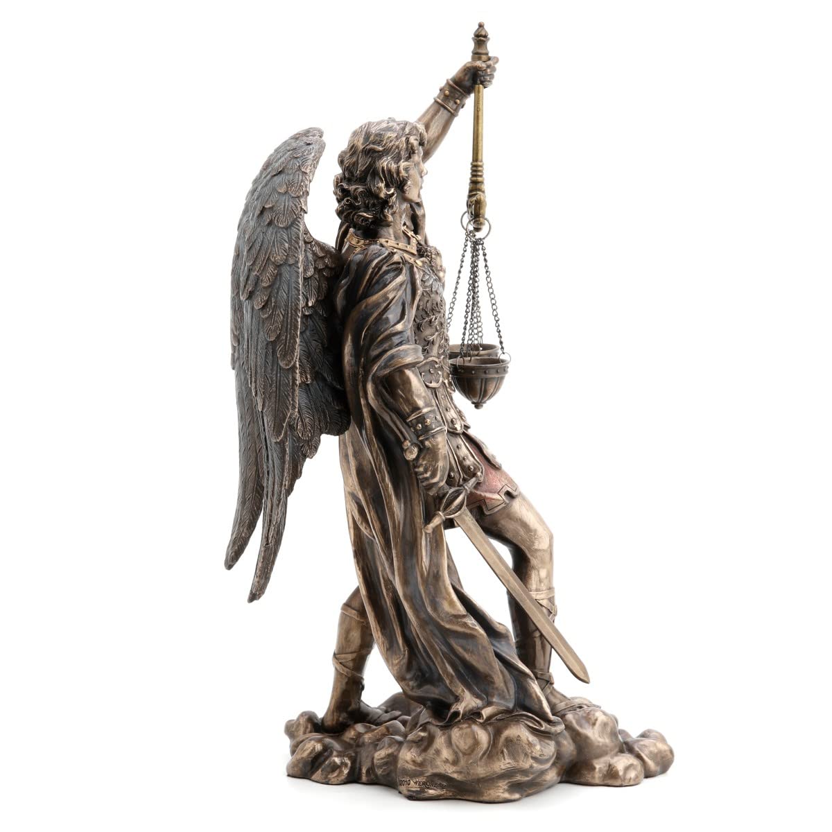 Figura Decorativa Religiosa, Arcangel San Miguel con Espada y Balanza, Resina Efecto Bronce Antiguo, Escultura Angeles Guardianes, 28 cm