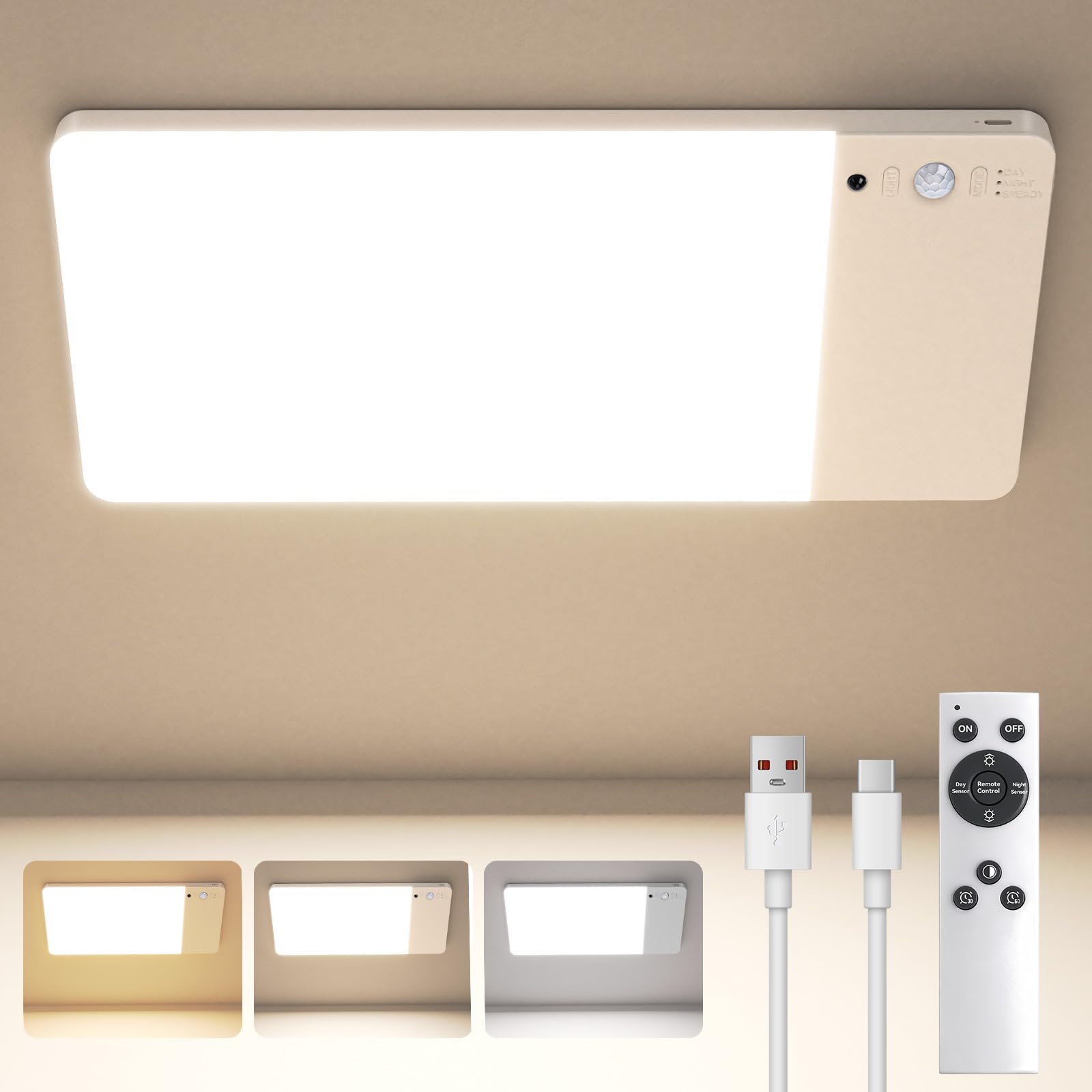 Rechargeable Motion Sensor Ceiling Light, 10000mAh Battery Operated LED Ceiling Lamp with Remote, Shower Lights, Dimmable Magnetic Sensor Lights for Indoor Shed Loft Bathroom Porch Stairs Garage