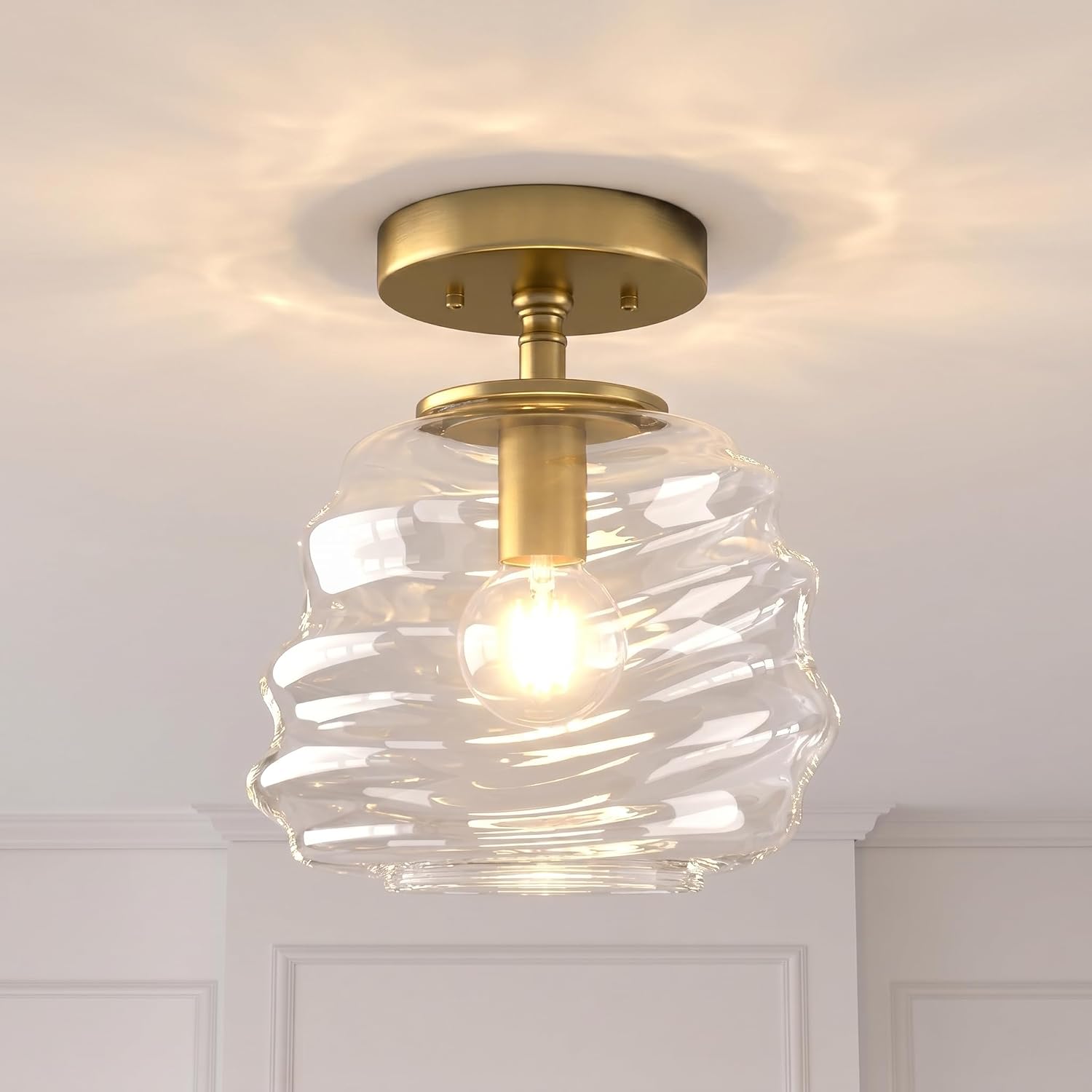 Maxax Ceiling Light, 8"x10", Modern Light Fixture with Clear Glass Shade, E26 Gold Base, Mid Century Small Semi Flush Mount Lamp for Entryway, Hallway, Bedroom, Dimmable