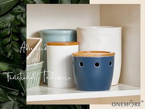 Miniatura 7 de ONEMORE Garlic Keeper grande con tapa, protector de ajo de cerámica de 5 pulgadas, para mostrador, color azul